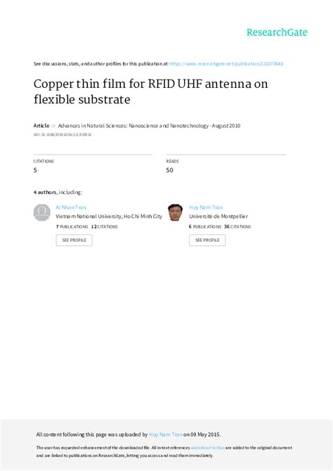 copper thin film for rfid uhf antenna on flexible substrate|Average thickness and resistivity of copper thin films at 40 W for .